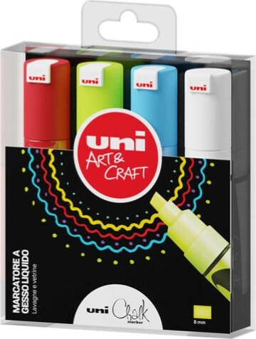 Marcatore a gesso liquido Uni Chalk Marker - punta scalpello 1 80 - 2 50 mm - colori assortiti - Uni Mitsubishi - astuccio 4 pezzi Cancelleria e prodotti per ufficio/Penne matite scrittura e correzione/Marcatori ed evidenziatori/Pennarelli indelebili e marcatori Eurocartuccia - Pavullo, Commerciovirtuoso.it