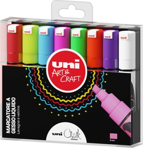 Marcatore a gesso liquido Uni Chalk Marker - punta scalpello da 1 80 - 2 50 mm - colori assortiti - Uni Mitsubishi - busta 8 pezzi Cancelleria e prodotti per ufficio/Penne matite scrittura e correzione/Marcatori ed evidenziatori/Pennarelli indelebili e marcatori Eurocartuccia - Pavullo, Commerciovirtuoso.it