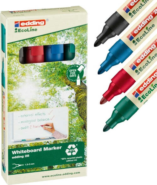 Marcatore per lavagne bianche 28 EcoLine - punta conica 1 50 - 3 00 mm - Edding - astuccio 4 pezzi Cancelleria e prodotti per ufficio/Penne matite scrittura e correzione/Marcatori ed evidenziatori/Marcatori cancellabili a secco e liquidi Eurocartuccia - Pavullo, Commerciovirtuoso.it