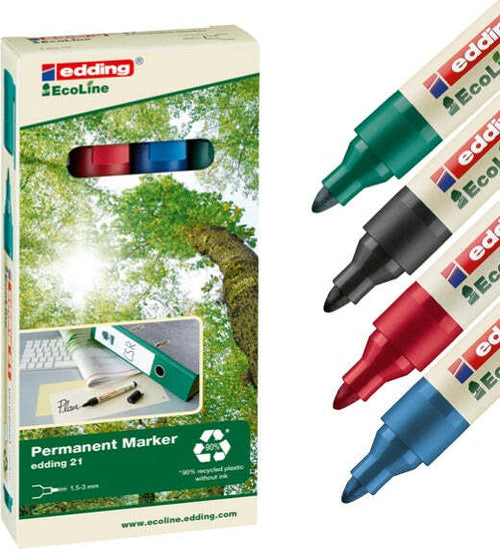 Marcatore permanente 21 Ecoline - punta conica 1 50 - 3 00 mm - colori assortiti - Edding - conf. 4 pezzi Cancelleria e prodotti per ufficio/Penne matite scrittura e correzione/Marcatori ed evidenziatori/Pennarelli indelebili e marcatori Eurocartuccia - Pavullo, Commerciovirtuoso.it