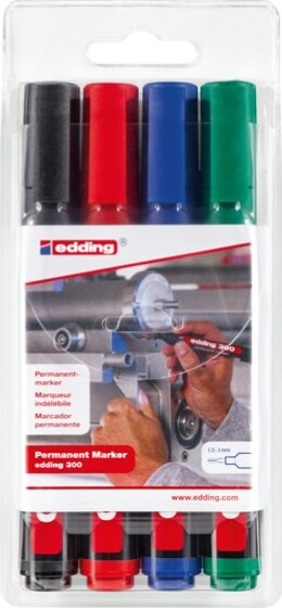 Marcatore permanente 300 - punta conica 1 50 - 3 00 mm - colori assortiti - Edding - astuccio 4 pezzi Cancelleria e prodotti per ufficio/Penne matite scrittura e correzione/Marcatori ed evidenziatori/Pennarelli indelebili e marcatori Eurocartuccia - Pavullo, Commerciovirtuoso.it