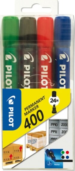 Marcatore Permanente Markers 400 - punta a scalpello 4 50 mm - colori assortiti - Pilot - astuccio 4 pezzi Cancelleria e prodotti per ufficio/Penne matite scrittura e correzione/Marcatori ed evidenziatori/Pennarelli indelebili e marcatori Eurocartuccia - Pavullo, Commerciovirtuoso.it
