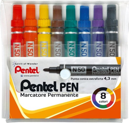 Marcatore permanente N50 - punta tonda - astuccio 8 colori assortiti - Pentel Cancelleria e prodotti per ufficio/Penne matite scrittura e correzione/Marcatori ed evidenziatori/Pennarelli indelebili e marcatori Eurocartuccia - Pavullo, Commerciovirtuoso.it