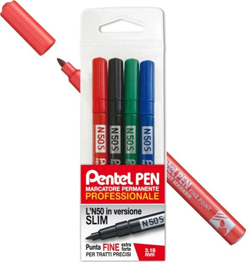 Marcatore permanente N50S - punta tonda - astuccio 4 colori assortiti - Pentel Cancelleria e prodotti per ufficio/Penne matite scrittura e correzione/Marcatori ed evidenziatori/Pennarelli indelebili e marcatori Eurocartuccia - Pavullo, Commerciovirtuoso.it