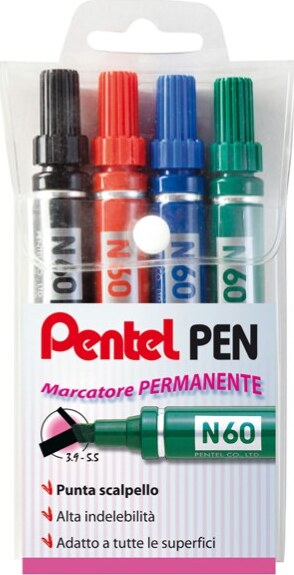 Marcatore permanente N60 - punta scalpello - astuccio 4 colori assortiti - Pentel Cancelleria e prodotti per ufficio/Penne matite scrittura e correzione/Marcatori ed evidenziatori/Pennarelli indelebili e marcatori Eurocartuccia - Pavullo, Commerciovirtuoso.it