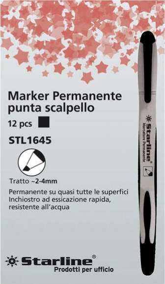 Marcatore permanente Starline - punta a scalpello da 2 00-4 00mm - nero - Starline [multipack] 12 pezzi Cancelleria e prodotti per ufficio/Penne matite scrittura e correzione/Marcatori ed evidenziatori/Pennarelli indelebili e marcatori Eurocartuccia - Pavullo, Commerciovirtuoso.it