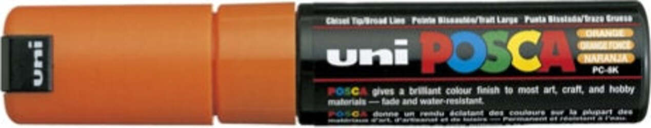 Marcatore Uni Posca PC8K - punta a scalpello 8mm - arancio - Uni Mitsubishi Cancelleria e prodotti per ufficio/Penne matite scrittura e correzione/Marcatori ed evidenziatori/Pennarelli indelebili e marcatori Eurocartuccia - Pavullo, Commerciovirtuoso.it