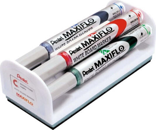 Marcatori Maxiflo + cancellino - punta conica 4 mm - colori assortiti - Pentel - set 4 + 1 pezzi Cancelleria e prodotti per ufficio/Archivio ufficio e accessori per scrivania/Lavagne e bacheche/Cancellini per lavagna Eurocartuccia - Pavullo, Commerciovirtuoso.it