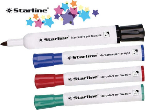 Marcatori per lavagne cancellabili Starline - punta tonda 2 0mm - colori assortiti - Starline - busta 4 pezzi Cancelleria e prodotti per ufficio/Penne matite scrittura e correzione/Marcatori ed evidenziatori/Marcatori cancellabili a secco e liquidi Eurocartuccia - Pavullo, Commerciovirtuoso.it