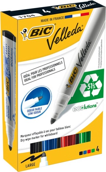 Marcatori Whiteboard Marker Velleda 1701 Recycled BIC - punta tonda 1 5mm - astuccio 4 colori - Bic Cancelleria e prodotti per ufficio/Penne matite scrittura e correzione/Marcatori ed evidenziatori/Marcatori cancellabili a secco e liquidi Eurocartuccia - Pavullo, Commerciovirtuoso.it