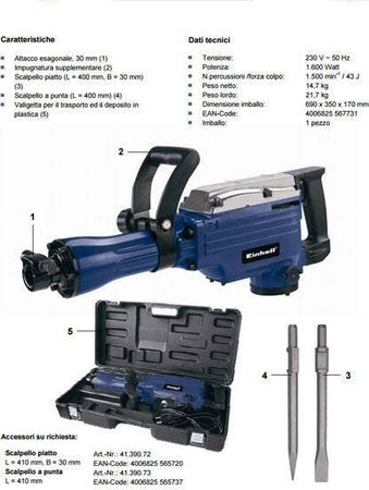 MARTELLO DEMOLITORE EINHELL BT-DH 1600 MOTORE 1600W 2 PUNTE SCALPELLO VALIGETTA  Trade Shop italia - Napoli, Commerciovirtuoso.it