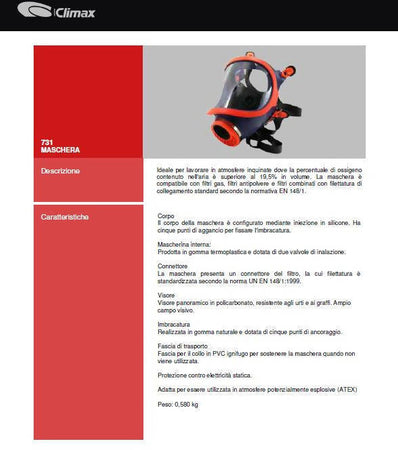 Maschera Antigas Pieno Facciale Climax Con Filtro Maschera Integrale Contro Rischio Chimico E Biologico Completa Di Filtro A2b2e2k2-P3 Massima Protezione Vie Respiratorie