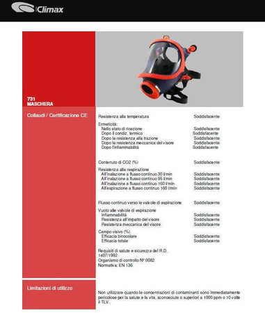 Maschera Antigas Pieno Facciale Climax Con Filtro Maschera Integrale Contro Rischio Chimico E Biologico Completa Di Filtro A2b2e2k2-P3 Massima Protezione Vie Respiratorie