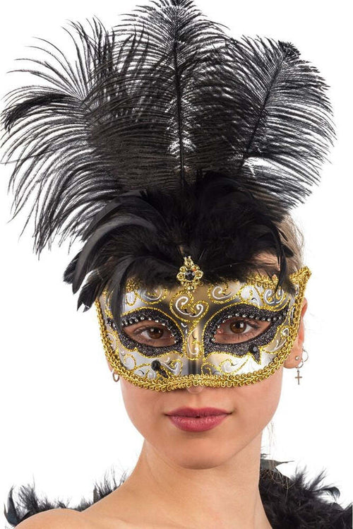 Maschera In Plastica con glitter Neri e Oro, Gemme E Piume Elegante Mascherina Da Donna Moda/Abbigliamento specifico/Costumi e accessori/Accessori/Adulti/Maschere Kondorama - Martinsicuro, Commerciovirtuoso.it