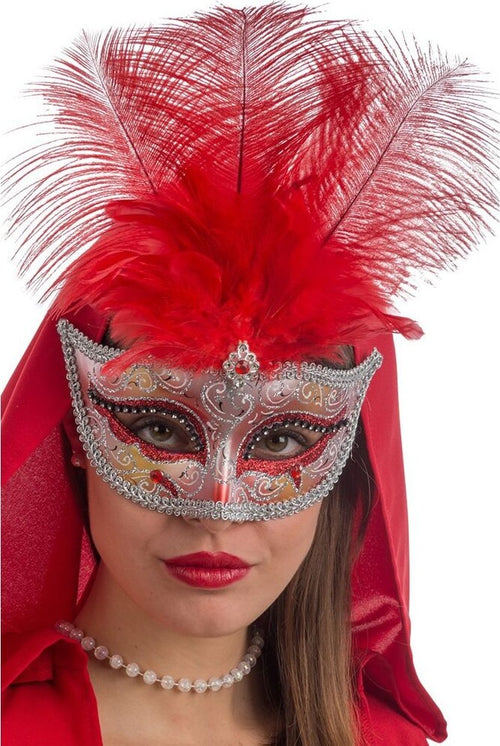 Maschera In Plastica Con Glitter Rossi E Argento, Gemma E Piume Elegante Mascherina Da Donna Moda/Abbigliamento specifico/Costumi e accessori/Accessori/Adulti/Maschere Kondorama - Martinsicuro, Commerciovirtuoso.it