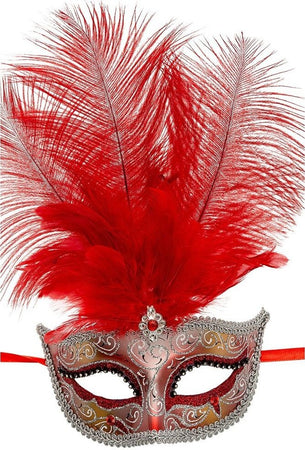 Maschera In Plastica Con Glitter Rossi E Argento, Gemma E Piume Elegante Mascherina Da Donna Moda/Abbigliamento specifico/Costumi e accessori/Accessori/Adulti/Maschere Kondorama - Martinsicuro, Commerciovirtuoso.it