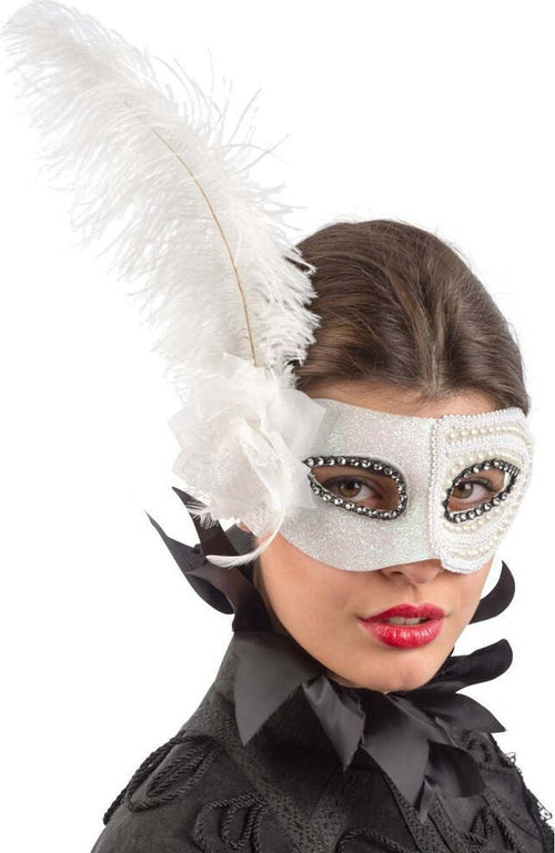Maschera In Plastica Rigida Bianca con glitter, Strass, Perle, Piume e Fiore Moda/Abbigliamento specifico/Costumi e accessori/Accessori/Adulti/Maschere Kondorama - Martinsicuro, Commerciovirtuoso.it