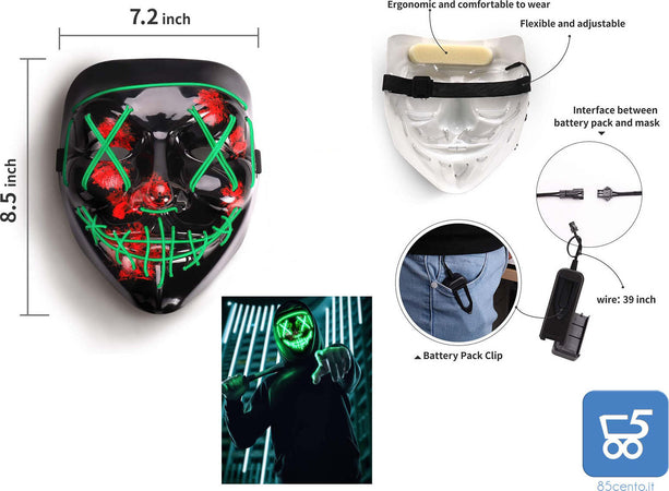 Maschera LED Halloween, the Purge Mask LED che si Illumina nella Notte, 3 Modalità di Luci,  per Costume Cosplay Festa e Party di Carnevale - Verde