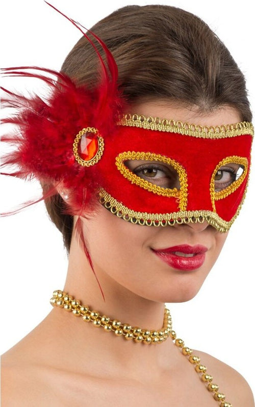MascherinaVeneziana in Velluto Rossa In Plastica Rigida decorata con velluto, Piume e Gemma Moda/Abbigliamento specifico/Costumi e accessori/Accessori/Adulti/Maschere Kondorama - Martinsicuro, Commerciovirtuoso.it