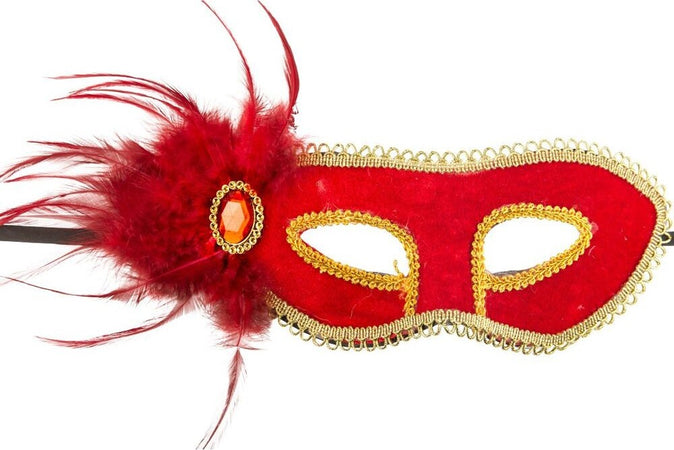 MascherinaVeneziana in Velluto Rossa In Plastica Rigida decorata con velluto, Piume e Gemma Moda/Abbigliamento specifico/Costumi e accessori/Accessori/Adulti/Maschere Kondorama - Martinsicuro, Commerciovirtuoso.it