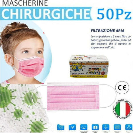 Mascherine-Chirurgiche-Per-Bambine-Monouso-In-Tnt-3-Strati-Protettivi-Viso-50pz