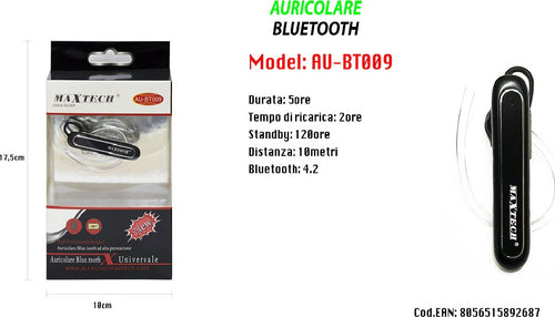 Maxtech Au-bt009 Auricolare Bluetooth 4.2 Universale Cuffia Per Smartphone Alta Prestazione Cuffie e Auricolari Trade Shop italia - Napoli, Commerciovirtuoso.it
