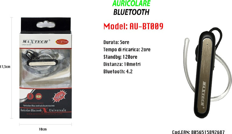 Maxtech Au-bt009 Auricolare Bluetooth 4.2 Universale Cuffia Per Smartphone Alta Prestazione Cuffie e Auricolari Trade Shop italia - Napoli, Commerciovirtuoso.it
