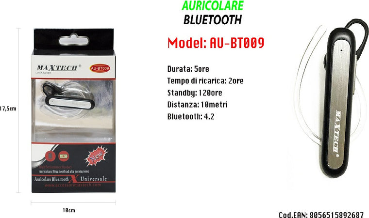 Maxtech Au-bt009 Auricolare Bluetooth 4.2 Universale Cuffia Per Smartphone Alta Prestazione Cuffie e Auricolari Trade Shop italia - Napoli, Commerciovirtuoso.it