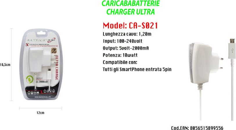 Maxtech Caricabatterie Charger Ultra Per Smartphone Entrata 5 Pin 10w Ca-s021 Caricabatteria Trade Shop italia - Napoli, Commerciovirtuoso.it