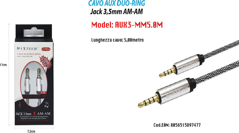 Maxtech Cavo Audio Aux Duo-ring Jack 3.5mm Am-am 5mt Per Smartphone Aux3-mm5.0m Elettronica e telefonia > Accessori Audio e Video > Cavi Audio e Video Trade Shop italia - Napoli, Commerciovirtuoso.it