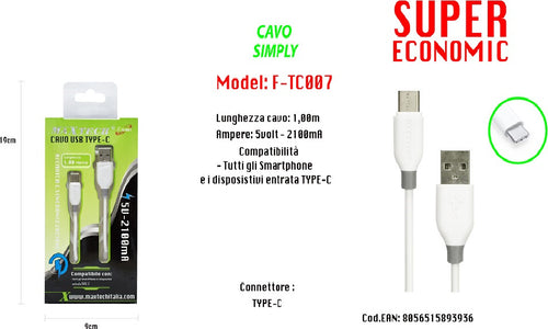 Maxtech Cavo Usb Simply Type-c Compatibile Per Smartphone 5volt - 2100ma F-tc007 Cavi Smartphone Trade Shop italia - Napoli, Commerciovirtuoso.it
