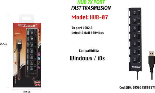 Maxtech Hub-07 Usb 2.0 A 7 Porte Ad Alta Velocit? On/off Interruttore Per Windos Macos Informatica e Videogiochi > Accessori PC > Adattatori e Convertitori Trade Shop italia - Napoli, Commerciovirtuoso.it