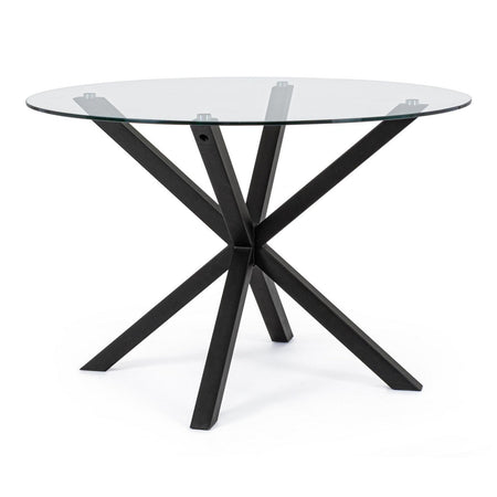 Tavolo May tondo con gambe, struttura nera, piano in vetro temperato da 10mm