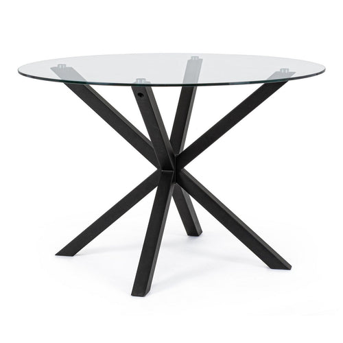 Tavolo May tondo con gambe, struttura nera, piano in vetro temperato da 10mm