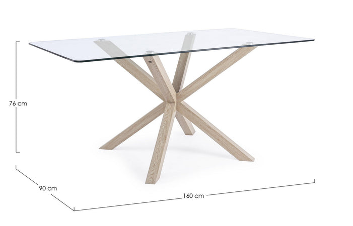 Tavolo May rettangolare con gambe in legno, piano in vetro temperato spessore 10mm