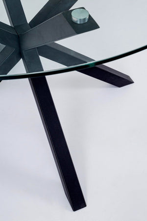 Tavolo May tondo con gambe, struttura nera, piano in vetro temperato da 10mm