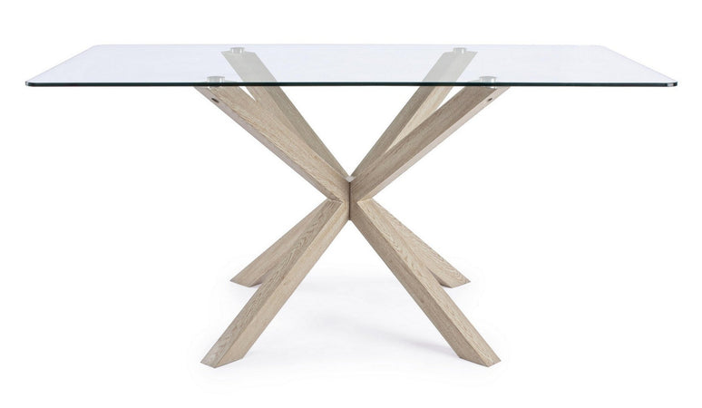 Tavolo May rettangolare con gambe in legno, piano in vetro temperato spessore 10mm