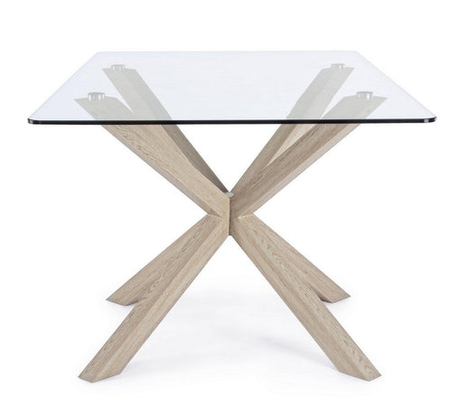 Tavolo May rettangolare con gambe in legno, piano in vetro temperato spessore 10mm