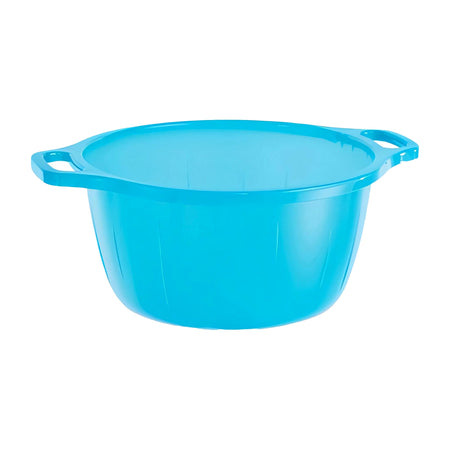 Bacinella bombata in plastica blu con due manici per uso casalingo