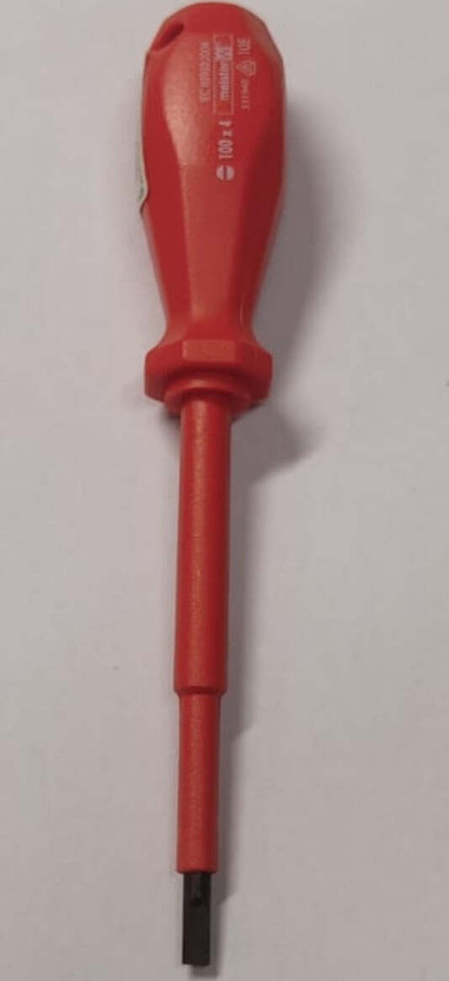 MEISTER---CACCIAVITE-PROFESSIONALE-PER-ELETTRICISTA---PUNTA-PIATTA-4x100MM-MAGNETICA---LAMA-ISOLATA-E-MANICO-ROSSO-ERGONOMICO