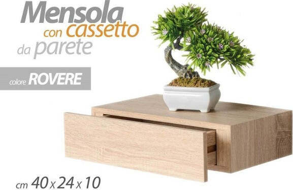 Mensola-Da-Parete-Con-Cassetto-Sospeso-Pensile-In-Legno-Rovere-40x24x10cm-782510
