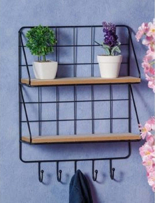 Mensola Da Parete In Ferro Metallo Nero 2 Ripiani Legno 5 Ganci 30x10x40cm 661998 Casa e cucina/Organizzazione interni/Porta oggetti cassetti e scaffali/Mensole da muro Trade Shop italia - Napoli, Commerciovirtuoso.it