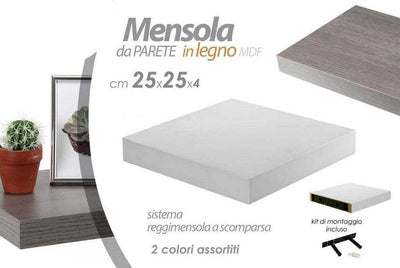 Mensola Da Parete In Legno Mdf Con Kit Montaggio 25x25x4 Cm 2 Colori Ass 704710 Casa e cucina/Organizzazione interni/Porta oggetti cassetti e scaffali/Mensole da muro Trade Shop italia - Napoli, Commerciovirtuoso.it