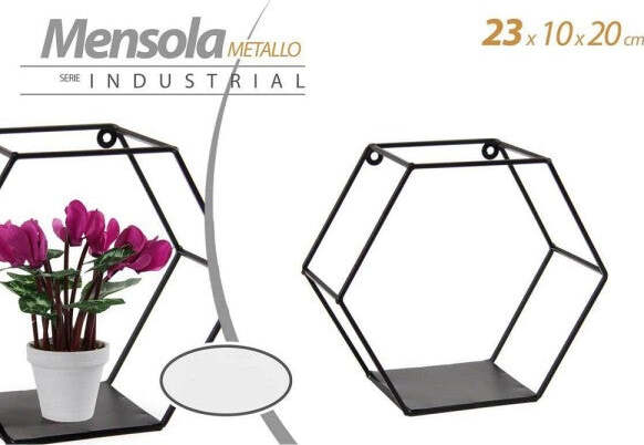 Mensola-Esagonale-Bacheca-Parete-Metallo-Classico-Moderno-Nero-23x10x20cm-822193