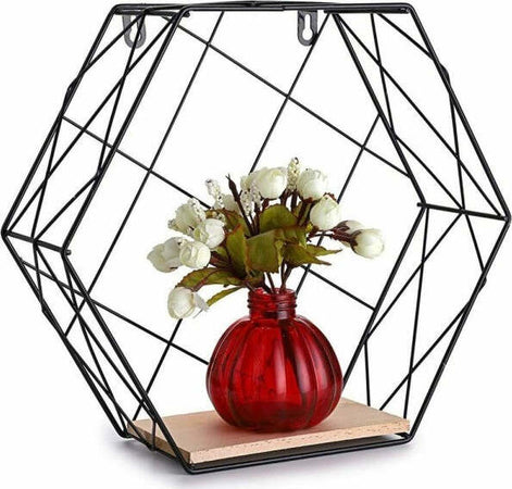 Mensola-Parete-Esagonale-1-Ripiano-Design-Moderno-Scaffale-Legno-Mdf-Metallo-Nero