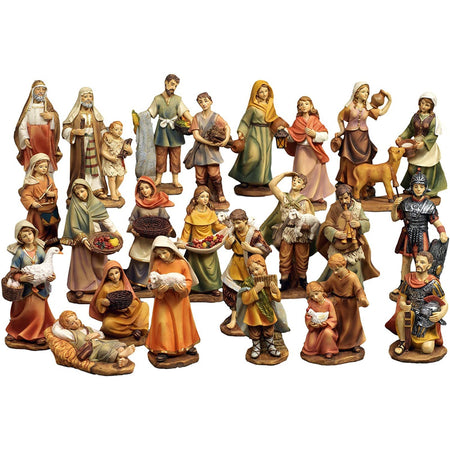 Pastorelli per presepe in poliresina con animali, doni e mestieri 23 soggetti 15 cm