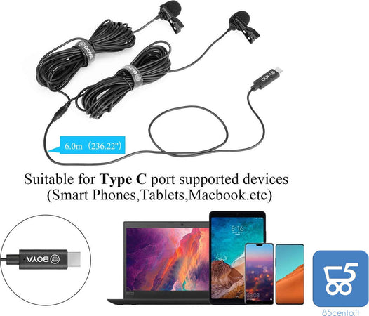 Microfoni Lavalier BOYA BY-M3D Digitali a Doppia Testa USB tipo C compatibili con iPad Pro, Mac PC