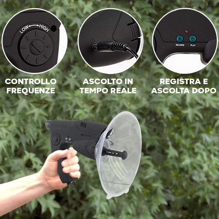 Microfono-direzionale-/-microfono-a-parabola-raggio-d'azione-fino-a-91-m-monoculare-con-ingrandimento-di-8-volte,-amplificatore-suono