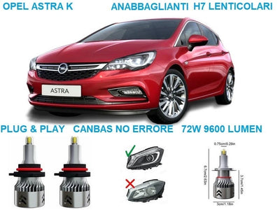KIT LUCI LED PER OPEL ASTRA K 72W CANBUS NO ERROR FARI H7 LENTICOLARI 360° GRADI BIANCO FREDDO 6000K