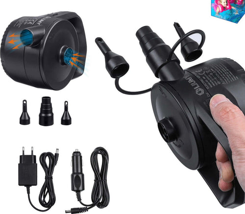 Mini Pompa Portatile Aria Gonfiaggio Sgonfiaggio 3 ugelli a batteria ricarica 220v o presa 12V accendisigari auto Materassino gonfiabile spiaggia